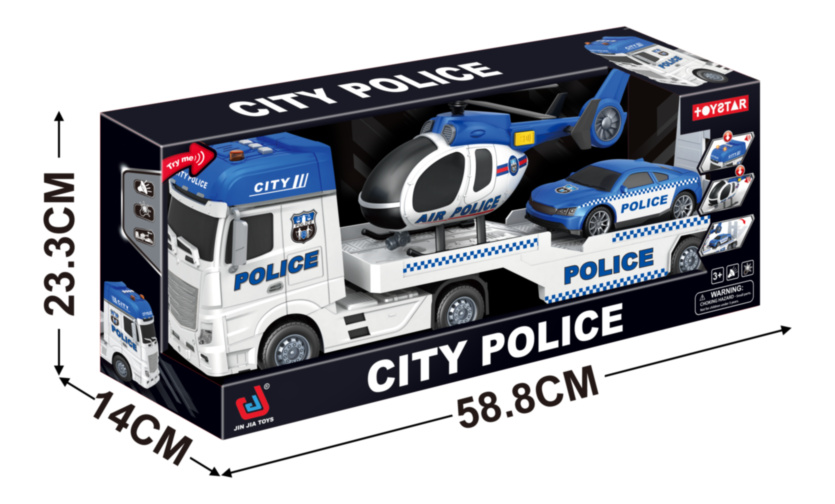 Mega Camion cu Elicopter și Mașină de Poliție cu Sunete Realiste și Luminițe 