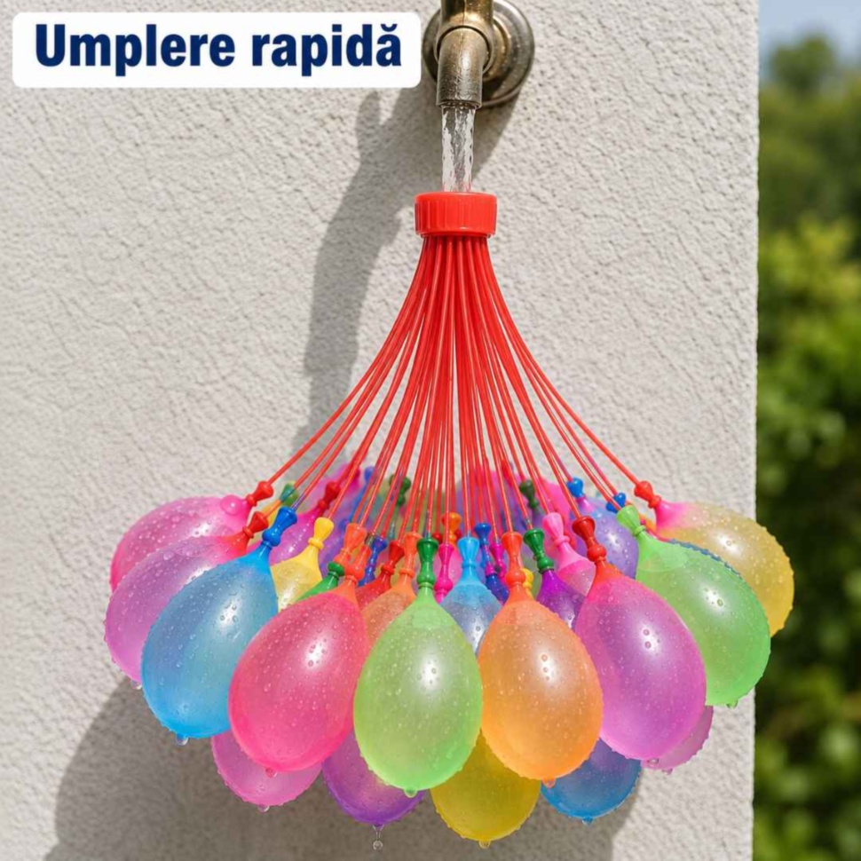 Mănunchi de baloane cu apă umplut simultan la robinet