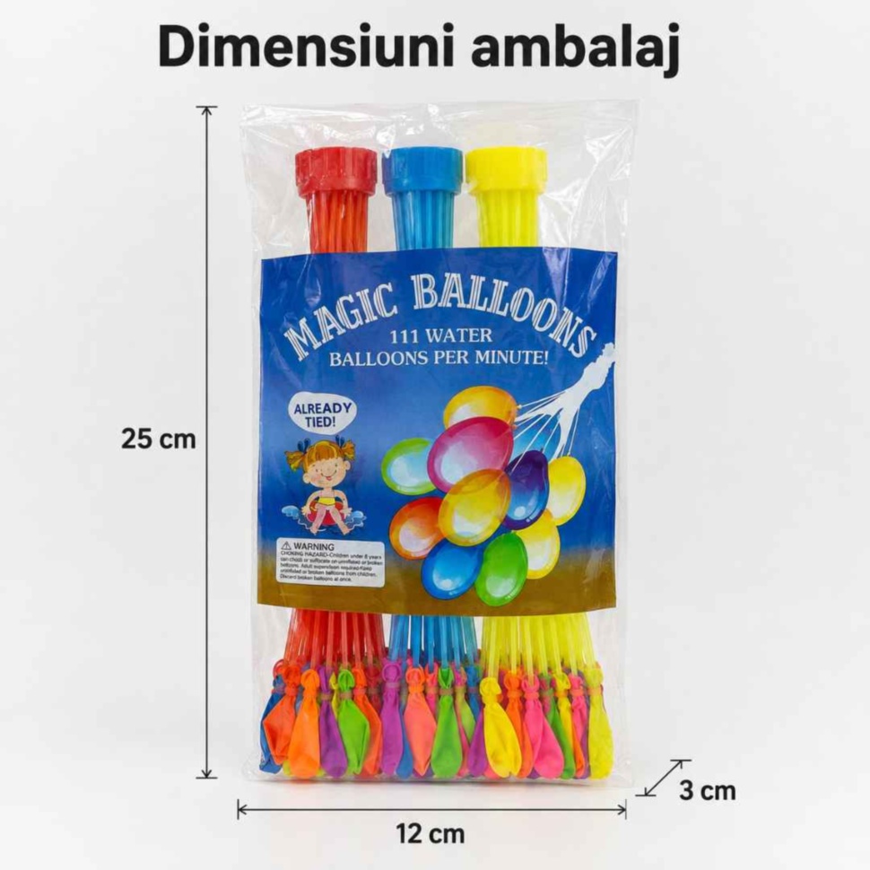 Dimensiunile ambalajului Magic Balloons de 25 pe 12 pe 3 cm