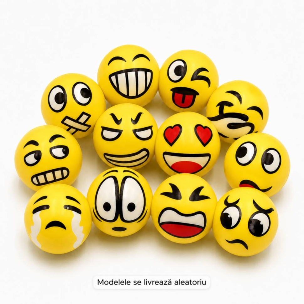 Douăsprezece mingi galbene cu modele diferite de fețe emoji