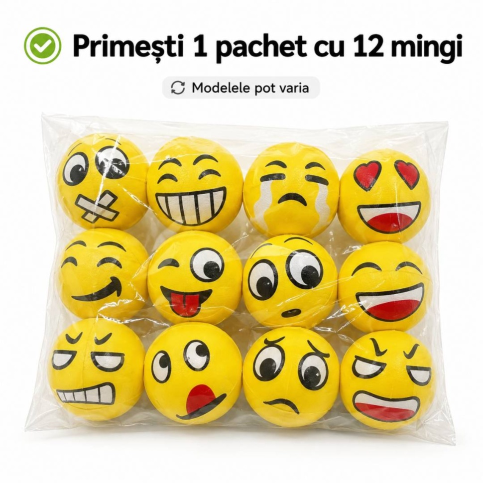 Pachet transparent cu 12 mingi antistres emoji incluse în set