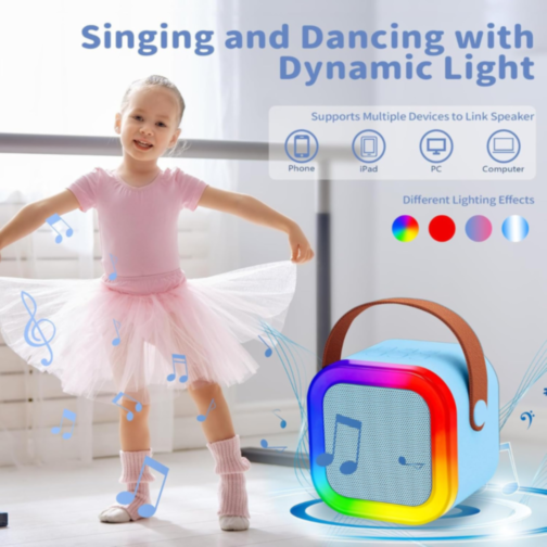 Set Difuzor cu 2 Microfoane pentru Karaoke cu lumini LED (albastru)