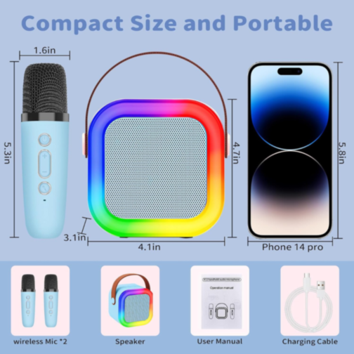 Set Difuzor cu 2 Microfoane pentru Karaoke cu lumini LED (albastru)