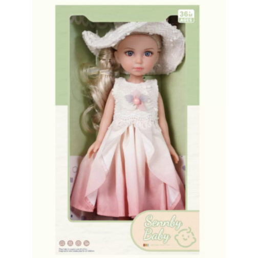Păpușă Elegantă cu Rochie Ombre și Pălărie Texturată – 35 cm