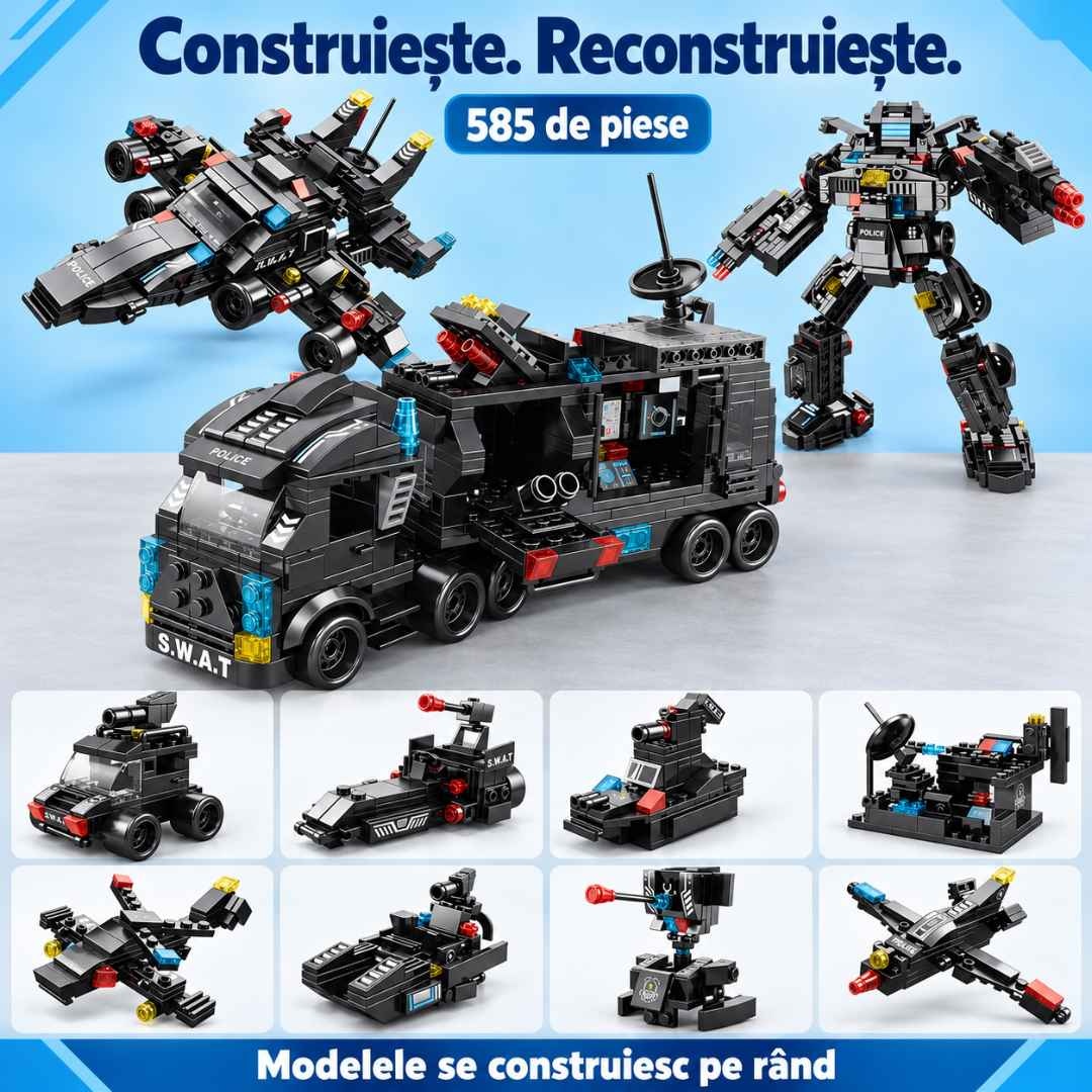 Set de construcție City SWAT cu 585 de piese: camion, robot, avion și modele alternative construite pe rând