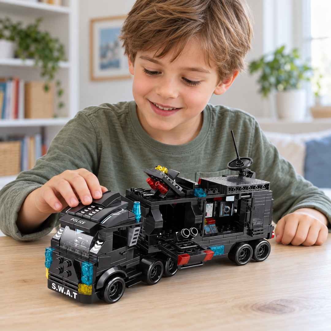 Copil se joacă la masă cu camionul SWAT construit din piesele setului LELEBROTHER