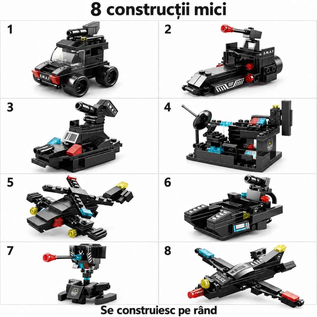 Cele 8 modele mici alternative ale setului City SWAT, prezentate separat și construite pe rând