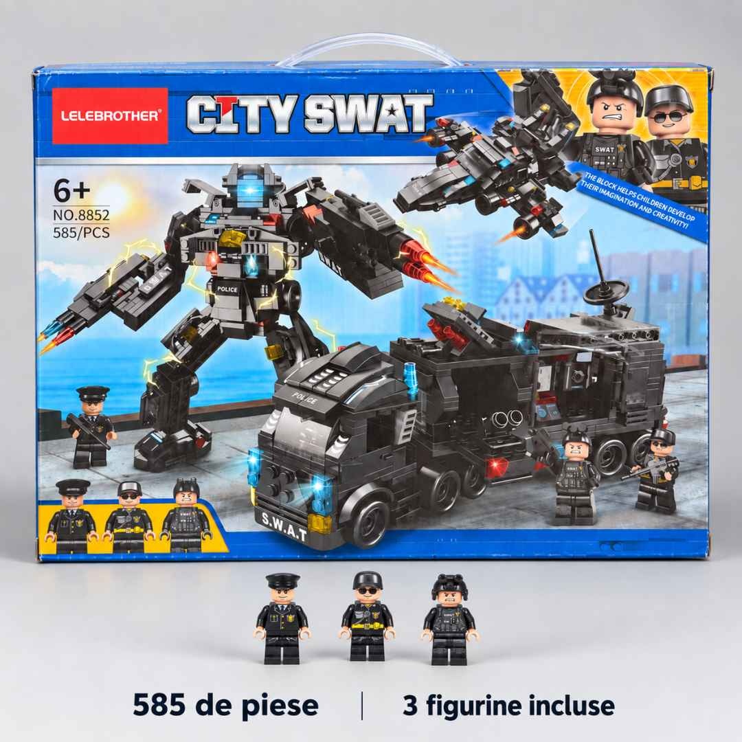 Ambalajul setului City SWAT 8852 cu marcajul 585 de piese și cele 3 figurine incluse