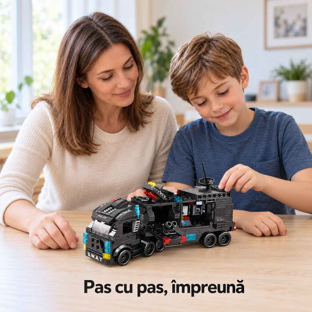 Mamă și copil asamblează împreună camionul din setul de construcție City SWAT