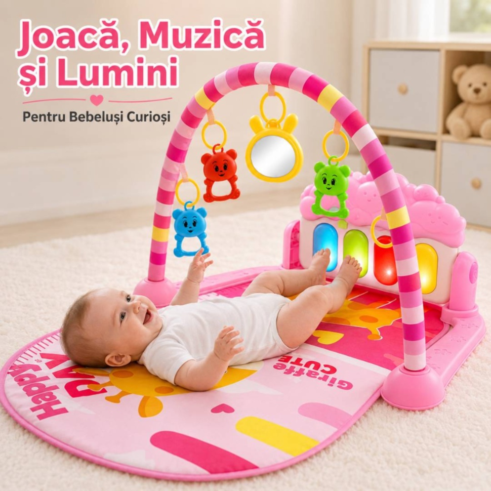 Salteluță roz de joacă pentru bebeluși cu pian, lumini și jucării suspendate