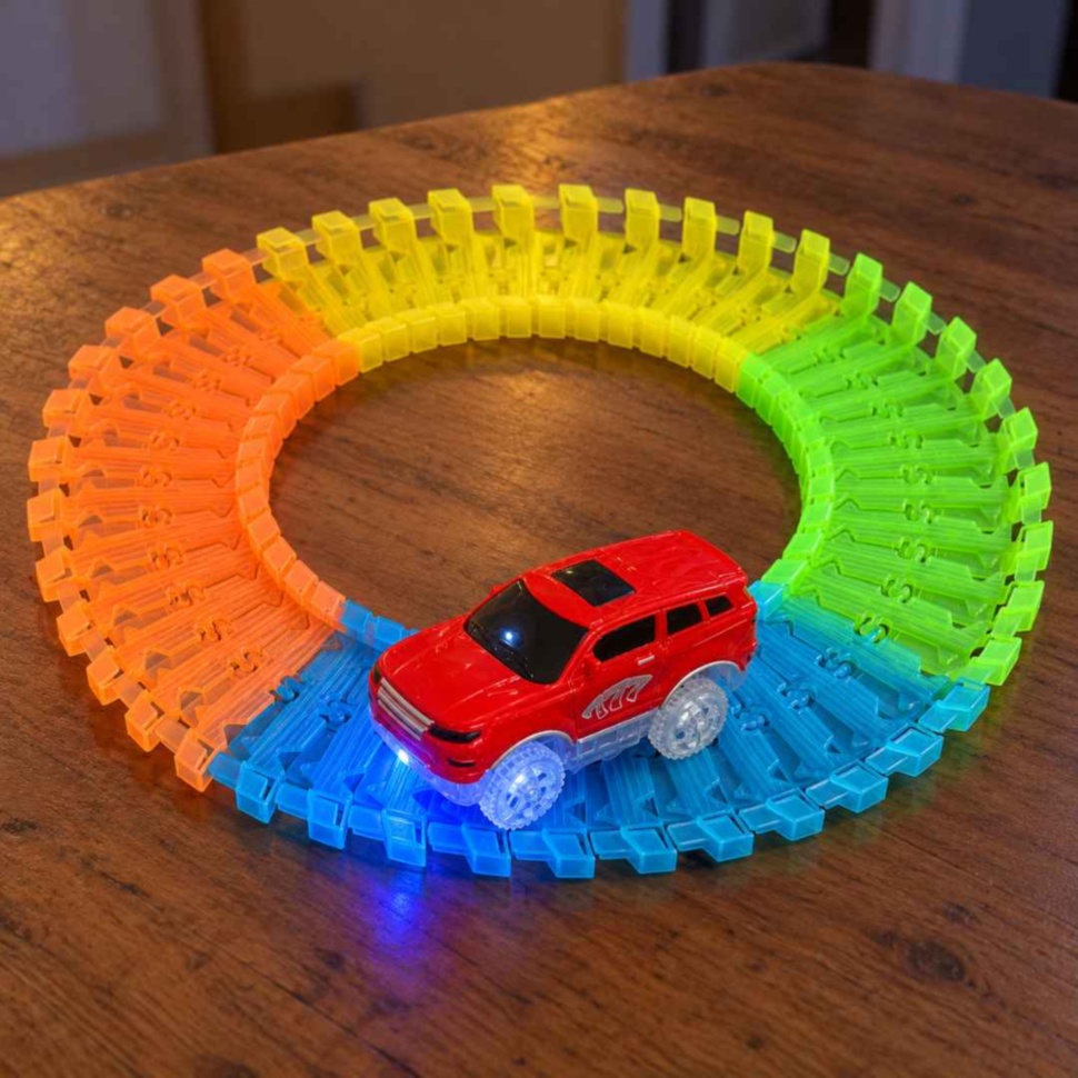 Pistă auto circulară multicoloră cu mașinuță roșie și lumini LED