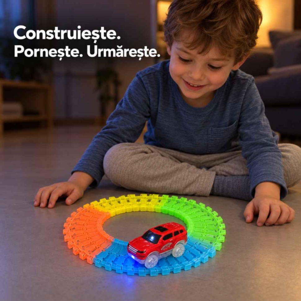 Copil urmărește mașinuța luminoasă pe pista circulară colorată