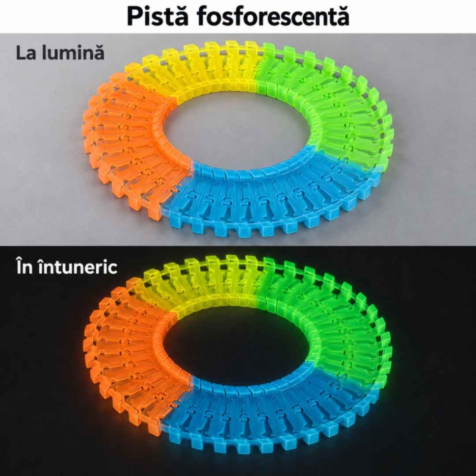 Pista auto fosforescentă prezentată la lumină și în întuneric