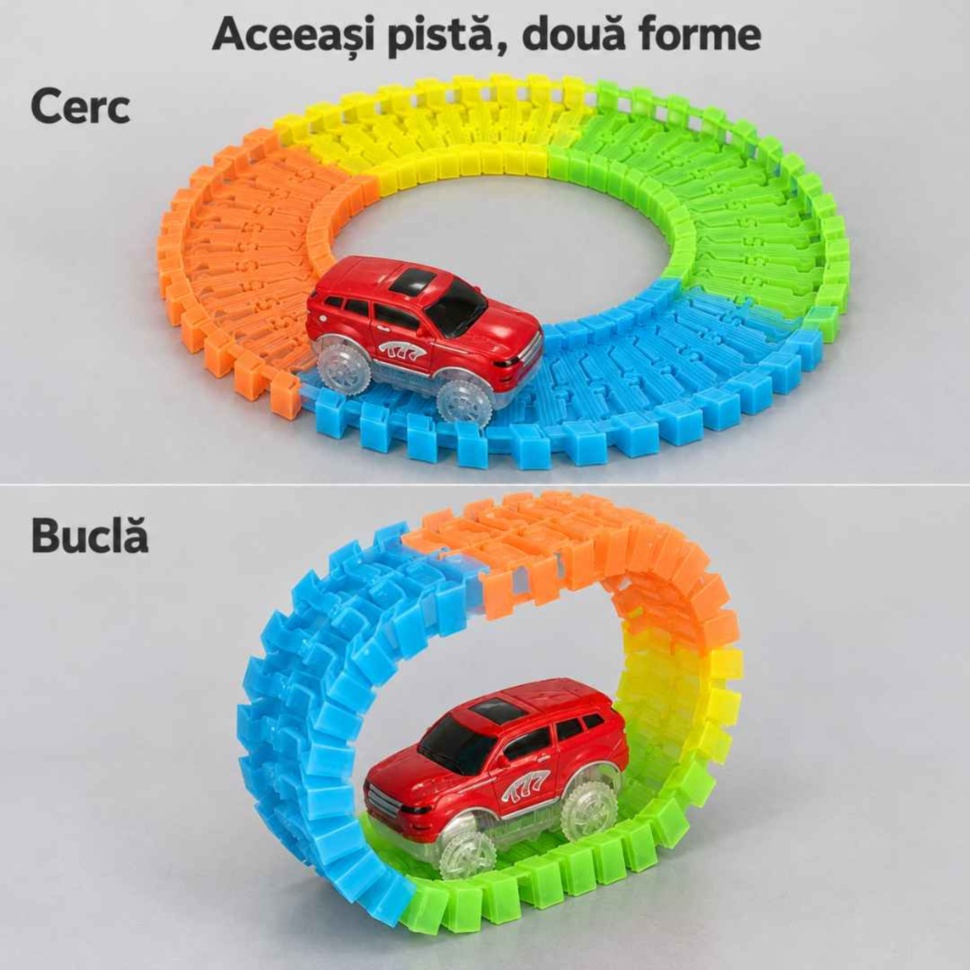 Aceeași pistă flexibilă montată pe rând în cerc și în buclă verticală