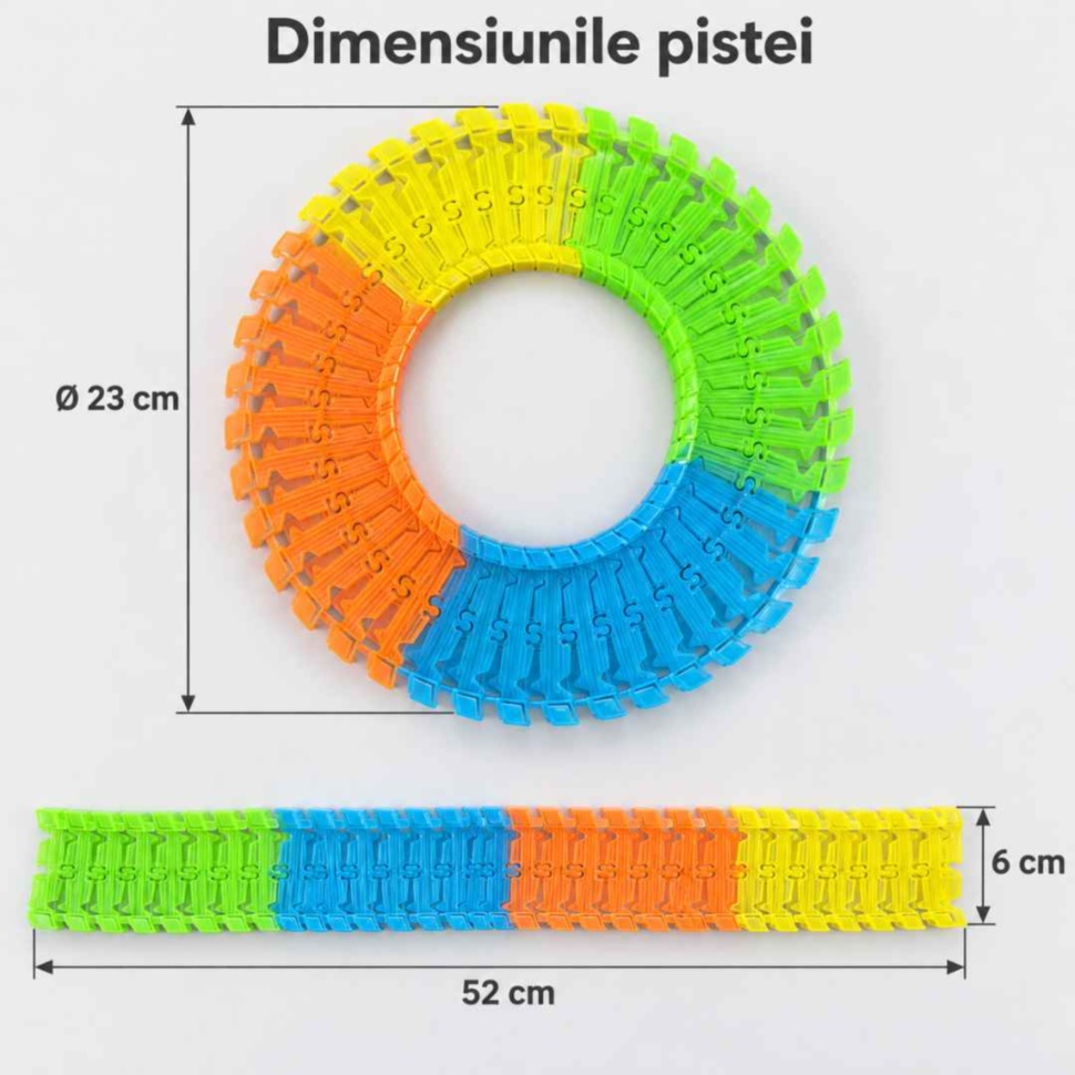 Dimensiunile pistei: 52 × 6 cm desfășurată și diametru de 23 cm în cerc