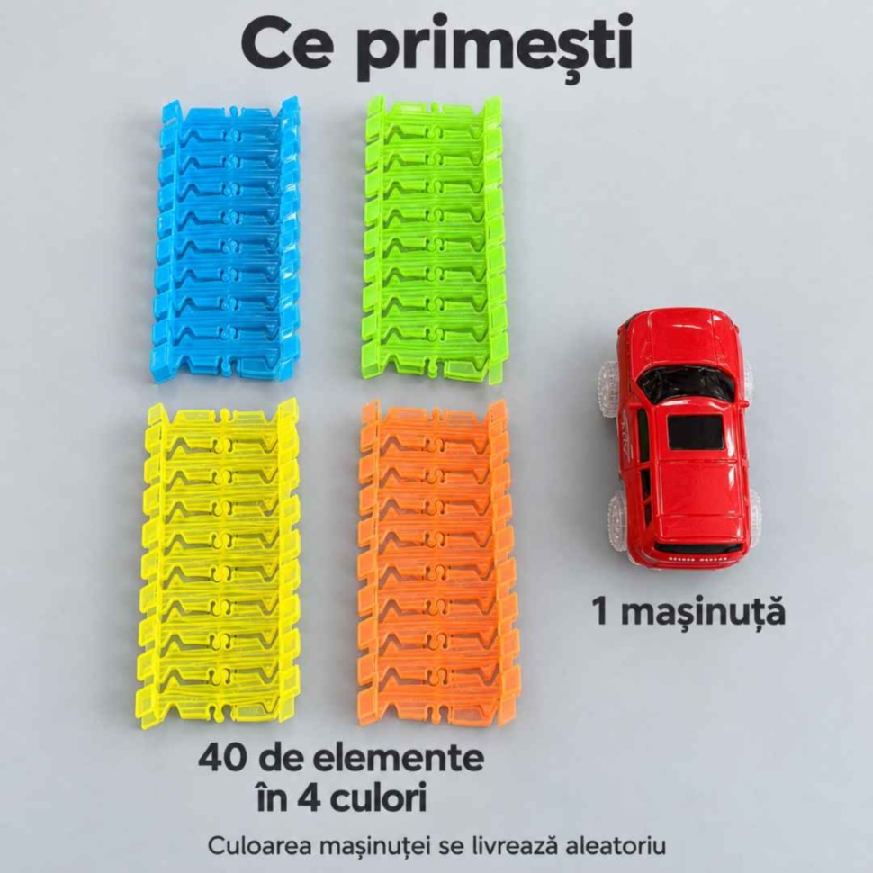 Conținutul setului: 40 de elemente de pistă în patru culori și o mașinuță