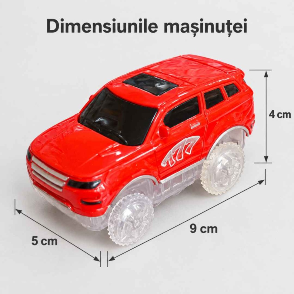 Dimensiunile mașinuței cu LED: lungime 9 cm, lățime 5 cm și înălțime 4 cm