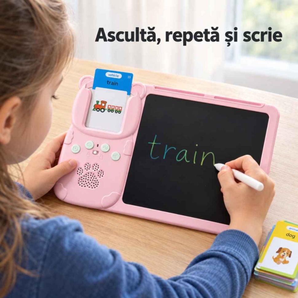 Copil scrie cuvântul train pe tabla de desen după modelul cartonașului în engleză