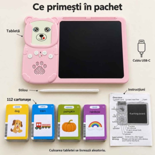 Tabletă educativă cu desen și 112 cartonașe în engleză