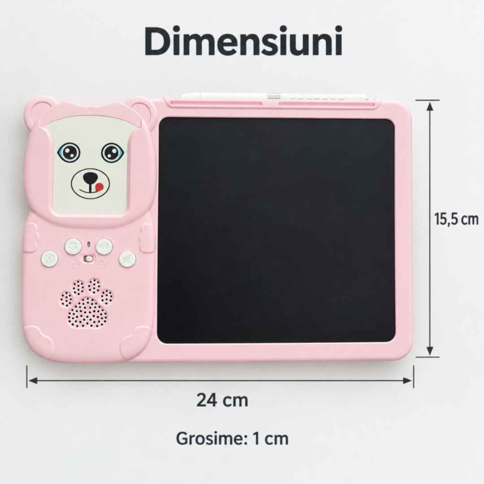 Dimensiunile tabletei educative: 24 cm lățime, 15,5 cm înălțime și 1 cm grosime