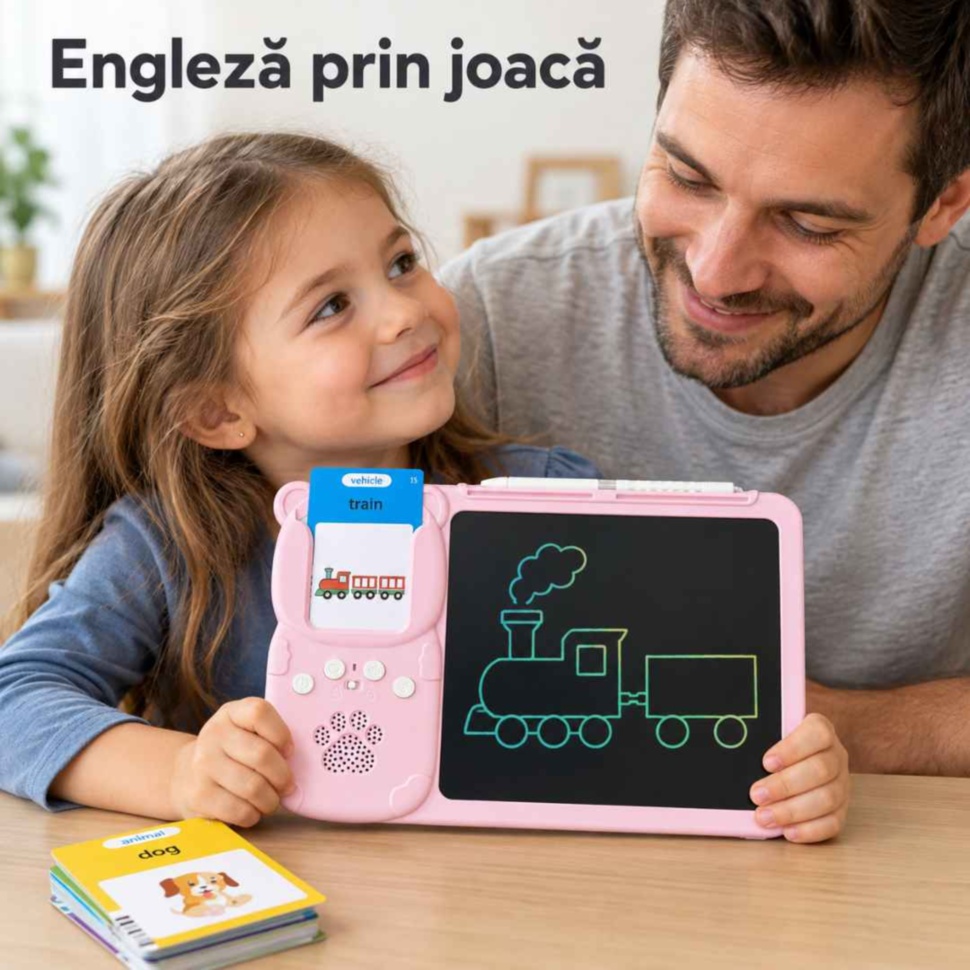 Tată și fiică explorează împreună cartonașele în engleză și tabla de desen