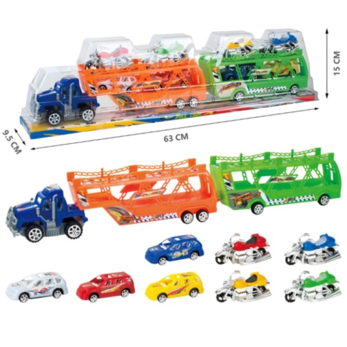 Camion transportor auto cu mașinuțe și motociclete set mare (culoare aleatorie)