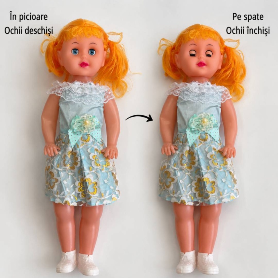 Păpușă cu ochii deschiși în picioare și închiși când stă pe spate
