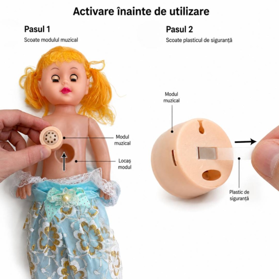Instrucțiuni pentru scoaterea modulului muzical și a plasticului de siguranță