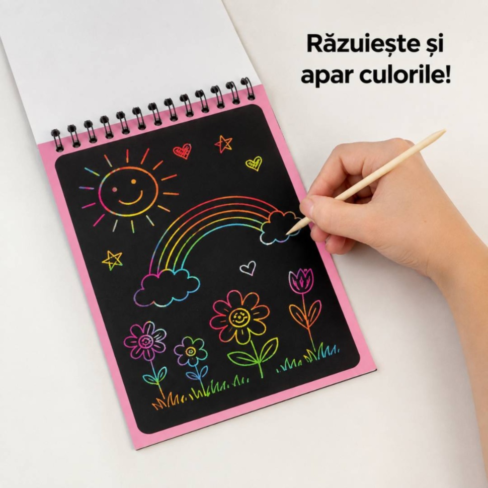 Caiet Scratch Notes roz răzuit cu stilou din lemn pentru a dezvălui culori curcubeu