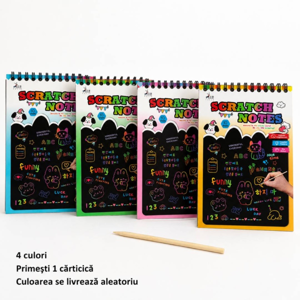 Patru culori disponibile pentru coperta caietului Scratch Notes, dintre care se livrează o singură variantă aleatoriu