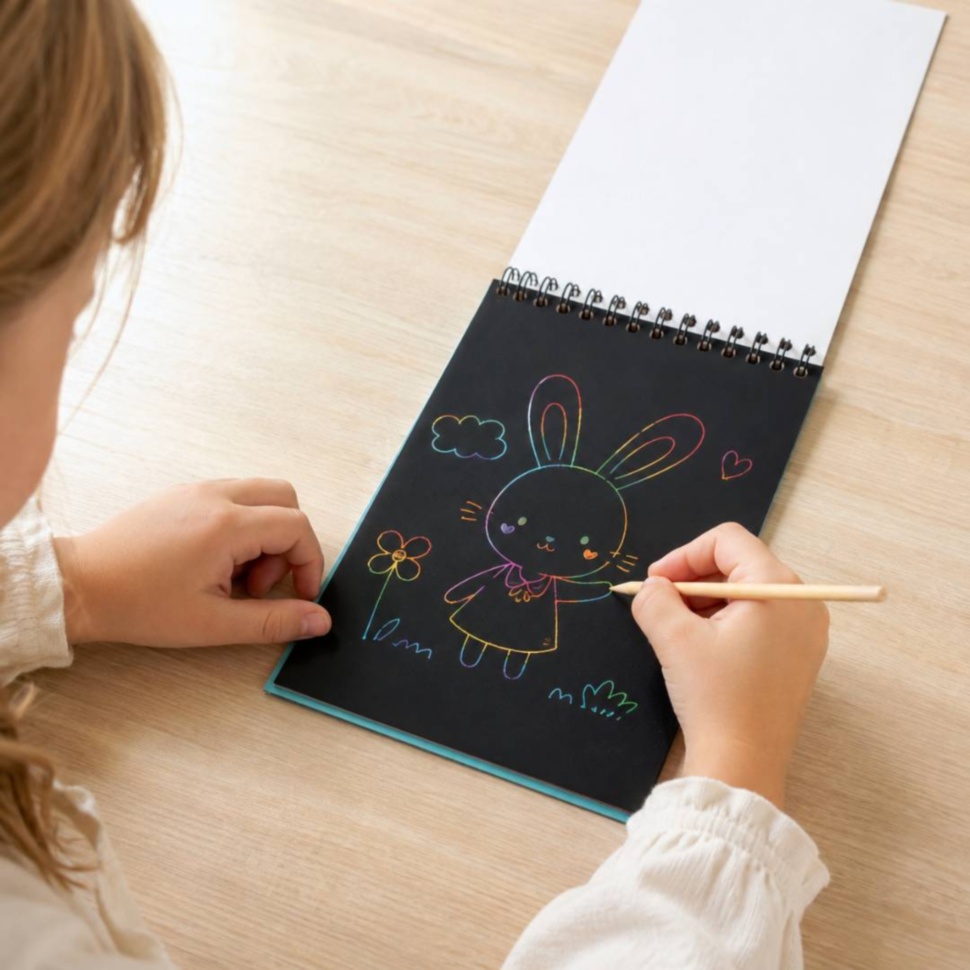 Copil desenând un iepuraș colorat într-un caiet Scratch Notes turcoaz