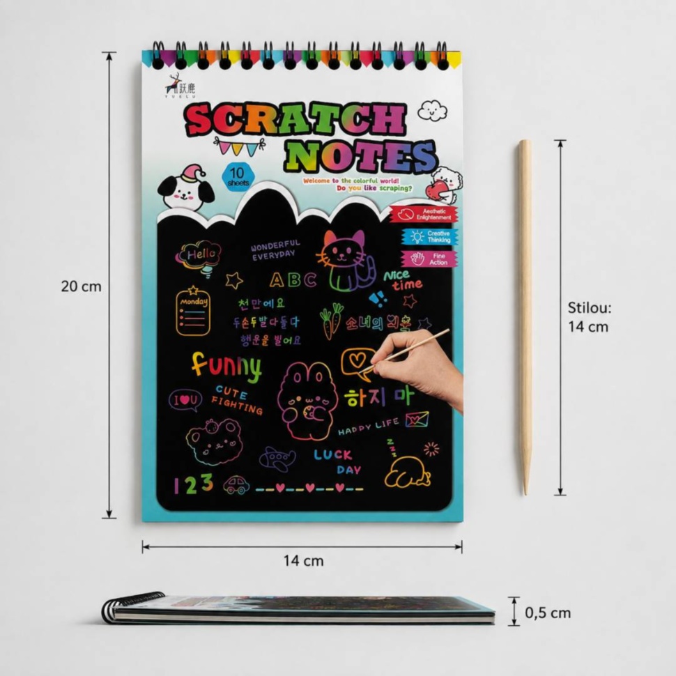 Dimensiunile caietului Scratch Notes de 20 pe 14 pe 0,5 centimetri și ale stiloului de 14 centimetri