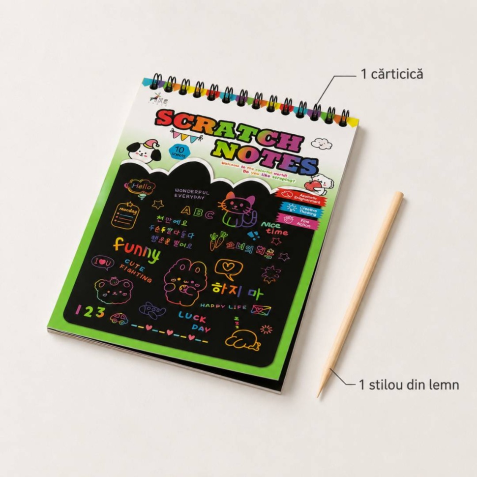 Conținutul produsului cu un caiet Scratch Notes și un stilou din lemn