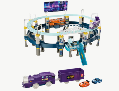 Pistă de Cursă pe Două Niveluri cu Mașini și Tren - Aventuri la Future City