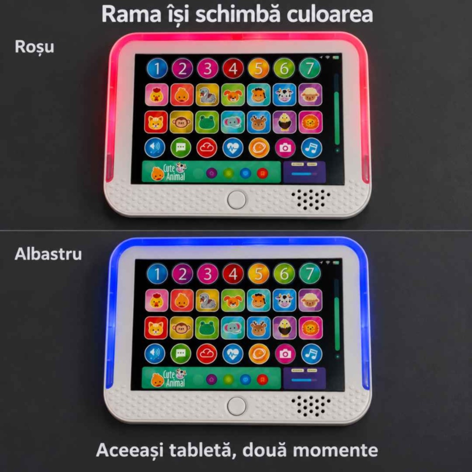 Aceeași tabletă prezentată în două momente, cu rama luminată în roșu și în albastru