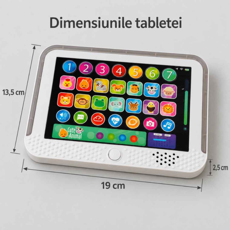 Dimensiunile tabletei educative: 19 cm lungime, 13,5 cm înălțime și 2,5 cm grosime