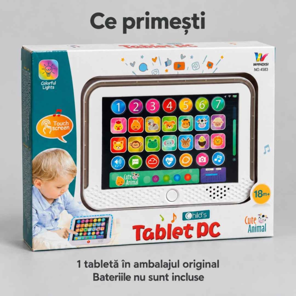O tabletă cu animale în ambalajul original; bateriile nu sunt incluse