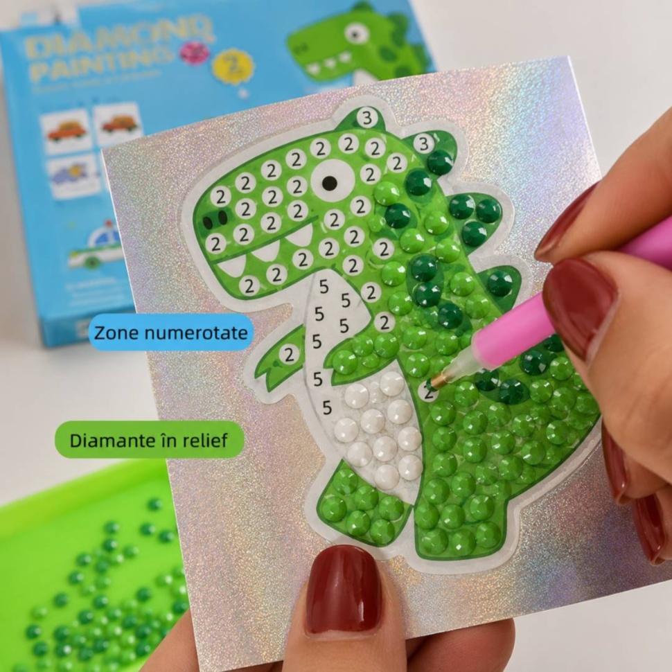 Prim-plan cu zone numerotate și mărgele colorate în relief pe stickerul cu dinozaur