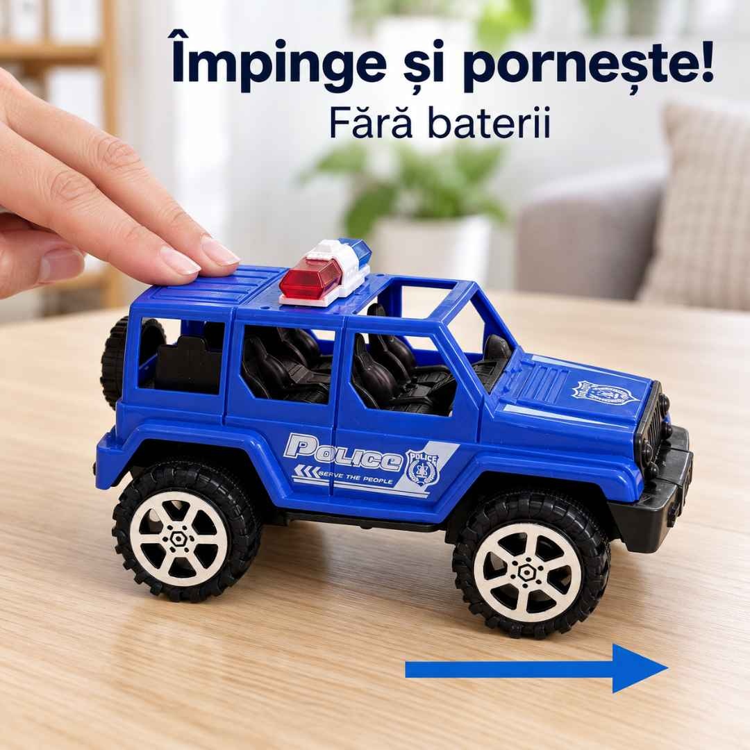 Mână care împinge înainte mașina de poliție SUV albastră, cu mecanism cu inerție și fără baterii