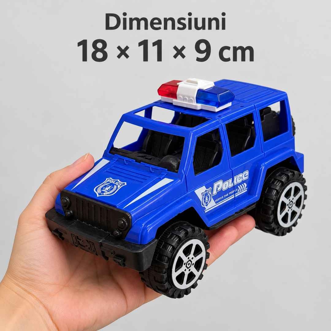Mașina de poliție SUV ținută în palma unui adult, cu dimensiunile de 18 × 11 × 9 cm indicate deasupra