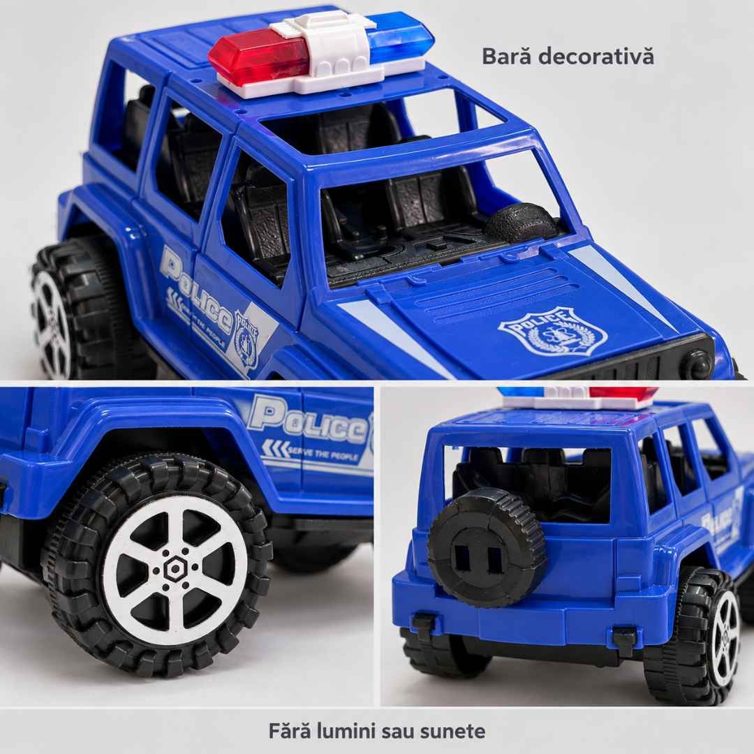 Detalii ale SUV-ului de poliție: bară decorativă pe plafon, roți negre profilate și piesă în formă de roată de rezervă în spate