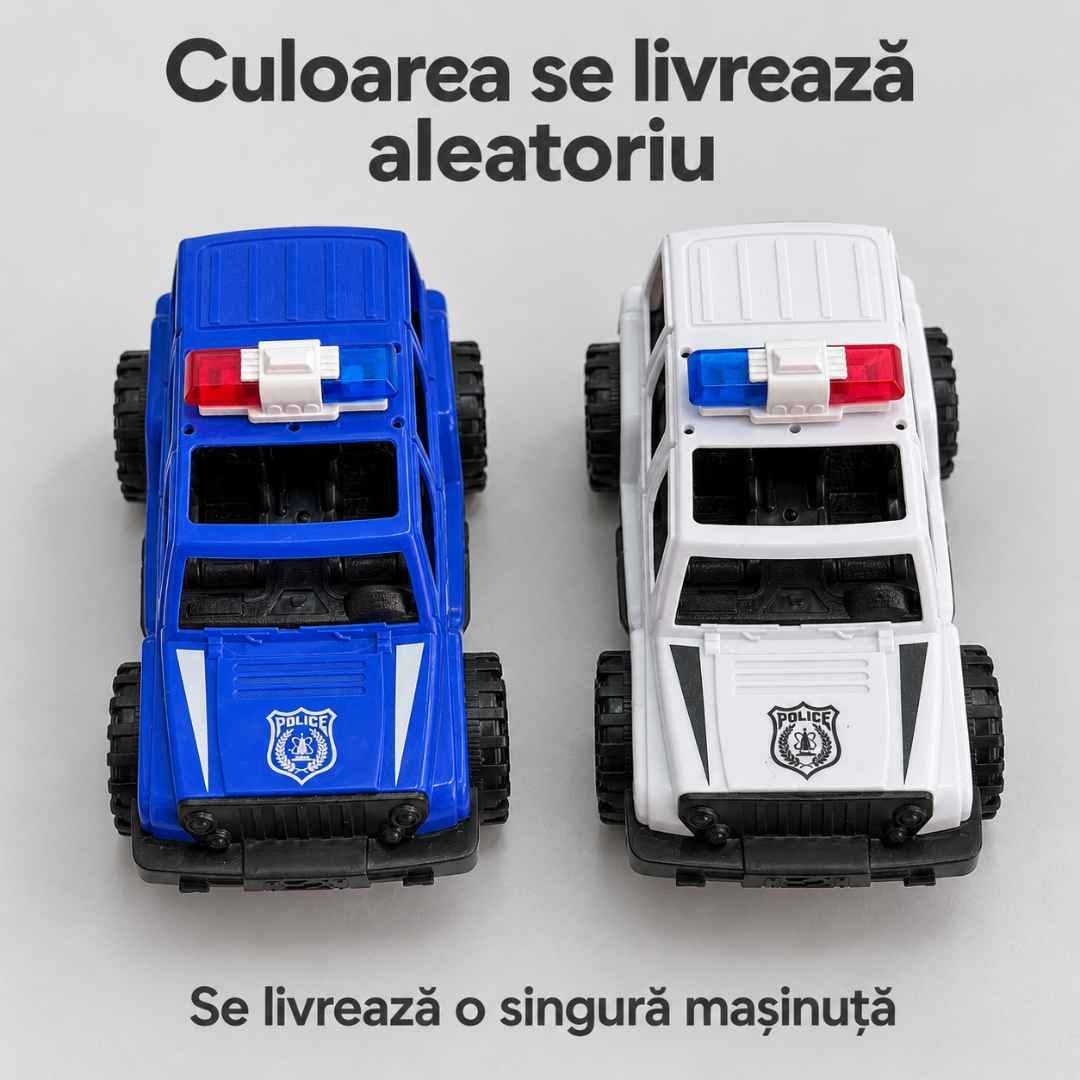 Variantele albastră și albă ale SUV-ului de poliție, cu precizarea că se livrează o singură mașinuță în culoare aleatorie
