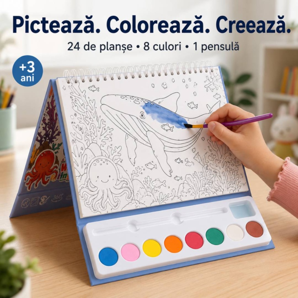 Copil pictând planșa cu balenă din setul pliabil cu 24 de planșe și 8 acuarele