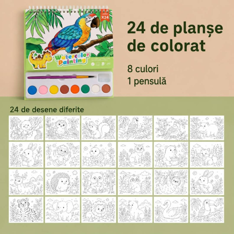 Set de pictură cu 24 de planșe diferite, 8 acuarele și o pensulă