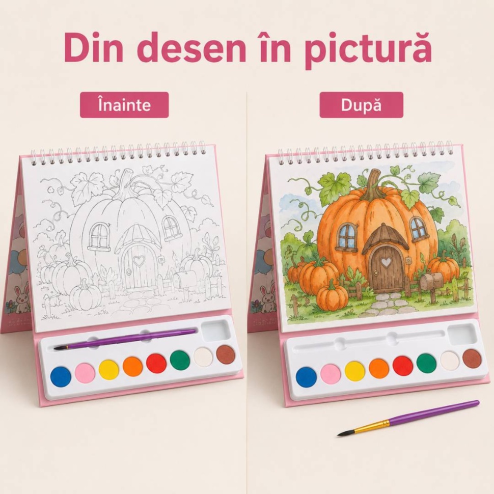 Exemplu înainte și după pictarea unei planșe cu o căsuță în formă de dovleac