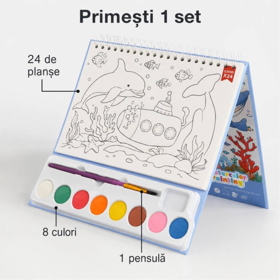 Conținutul unui singur set cu 24 de planșe, 8 acuarele și o pensulă